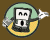 Animated circular icon with green and yellow background showing a cartoon device character holding a camera, waving one hand.