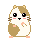 Two static pixel art frames of a hamster-like character with brown and white fur, black eyes, pink cheeks, and small paws against a gray background.