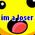 Yellow background with repeating black-and-white eyes and pink mouths; blue text reads "im a loser and good one at that.".