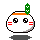 Pixelated character with white face, orange top stripe, green leafy sprout on head, red cheek stripes, and blue tears in some frames.
