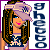 Pixel art contact sheet showing three animated frames of a cartoon woman with long brown hair wearing a pink cap and blue top, next to vertical text on the right side.