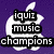 Purple background with white Apple logo; top-left text reads 'iquiz music champions', top-right text reads 'Alana and Tess!', bottom-left shows plain Apple logo.