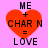 Four identical pixelated red hearts on pink background with black text 'ME + CHAR N = LOVE' above and below each heart.