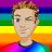 Pixelated avatar with light brown hair and closed eyes against a rainbow striped background, wearing dark blue clothing.