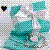 Pixelated static image with teal and green abstract shapes on a gray background, featuring a small black heart icon in the top-left corner.