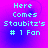 Pixelated text on a purple-to-blue gradient background with four identical displaying 'Here Comes Staubitz's # 1 Fan' in cyan