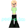 Pixelated character with blonde hair in green shirt and black pants, hands near face, blue text 'peew3-boo' below, two versions differ in eye color.