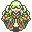 Pixel art character with green hair, pink mouth, and layered green-and-gold clothing in six poses against gray background.