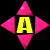 A 3x2 contact sheet of six animated frames showing a yellow letter A surrounded by pink triangles on a black background, with varying triangle positions and orientations across frames.