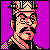 Pixel art portrait of a character with mustache and checkered headwear on solid purple background, rendered in retro 8-bit style with limited color palette.