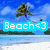Pixelated beach scene with palm tree, blue sky, and turquoise banner displaying 'Beach<3' text over water and sand.