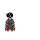 Pixel art character in dark robe with red accents performs spellcasting actions, emitting yellow light effects against gray background.
