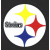 A circular white icon with yellow, red, and blue four-pointed stars on a dark background; adjacent text reads 'Go steelers!' in pixelated yellow font.