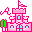 Pixelated pink castle with light blue windows, green trees, and pink flags on a gray background, showing two distinct states.