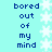 Pixelated text repeats 'bored out of my mind' on a light blue background with white snowflake patterns.