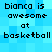 Pixelated text on a blue background with repeated phrases about 'bianca' and basketball