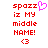 Red pixelated text reads "spazz iz MY middle NAME!" with a pink heart and red '<3' symbol on white background.
