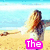 Pixelated beach scene with a woman in white clothing and long hair, sand background, and text overlays reading 'The' and 'Beach x'