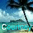 A beach scene with palm trees and a blue sky, featuring the name 'Courtney' in cyan text that changes letter by letter across frames.