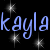Pixelated blue text spelling 'kaylakayla' on black background with white starbursts, part of a 2-frame animated contact sheet.