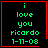 Four identical pixelated with green text on black background, each bordered in red, displaying 'i love you ricardo 1-11-08' with one showing a red heart and another a red star
