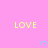 A static image with a pink background displaying repeated yellow 'LOVE' text and blue heart symbols arranged in a pattern