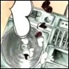 A grayscale cartoon cat with a black nose and white whiskers sits inside a metallic sink, surrounded by scattered dark red objects.