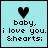 Pixelated black heart symbol above text reading 'baby, i love you. &hearts;' on light blue dotted background.