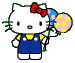 Hello Kitty character in blue overalls with yellow shirt, red bow, holding two balloons against gray background.