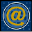 A circular blue icon with a white border contains a yellow @ symbol on a -patterned background, showing animation frames where the @ symbol's tail rotates clockwise