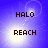 Blue background with white light halo effect, two lines of pixelated text reading HALO above REACH, and a small white dot moving along a curved path.