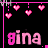 Animated pink text 'gina' on black background with hanging pixel hearts, varying heart counts and positions across frames.