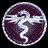 Circular pixelated icon with a white and purple abstract design resembling a stylized dragon or mythical creature against a dark background.