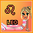 A 6-frame animated contact sheet showing a pixel-art character with blonde hair in a ponytail, green eyes, and pink-and-white clothing against an orange background, featuring the Leo zodiac symbol and text.