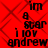 Red background with dark diamond pattern, black text reading 'im a star i lov andrew' repeated in four identical sections.