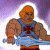 Pixelated character with orange hair and blue vest holding a sword, displayed in multiple with changing text overlays