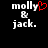 Pixelated text 'molly & jack.' with a red heart symbol replacing the ampersand in one view, displayed on black background.