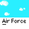 Animated contact sheet showing 25 sequential frames of a pixel-art Air Force buddy icon with aircraft, stars, and cloud effects against blue sky background.