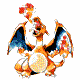 Pixelated orange dragon with blue-black wings and white underbelly, emitting red-yellow flame from mouth in six