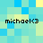 Pixelated of cyan and yellow squares with four instances of 'michael<3' text in black pixel font, arranged in two of two