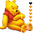 Yellow bear in red shirt sits with arms crossed, surrounded by honeycomb and heart symbols on white background.
