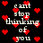 Pixelated text reads "i cant stop thinking of you" surrounded by red hearts on a black background.