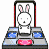 White rabbit character on a gray and blue dance pad with red arrows, performing sequential movements