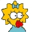 Pixelated character with yellow spiky hair, large white eyes with black pupils, red mouth, blue top, and blue bow on head.