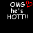 Black background with pixelated white text 'OMG he's HOT!!' and a red heart symbol above the 'G' in 'OMG'.
