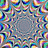 A static icon with a central gray circle surrounded by a multicolored, repeating pattern of rainbow-hued shapes on a dark background.