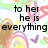 Animated icon with text changing between 'to her he is everything' and 'to him ...', featuring colorful abstract shapes.
