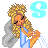 Pixel art contact sheet showing two animated frames of a cartoon woman with blonde hair and blue dress, each frame featuring a large 'S' symbol in different colors above her head.