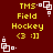 Yellow text on dark red background with white pixel-art symbols, displaying "TMS Field Hockey <3 :]]" in four identical