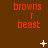 Brown background with red text 'browns' above a small vertical line and 'beast' below it, featuring white pixelated star-like shapes that change position across frames.